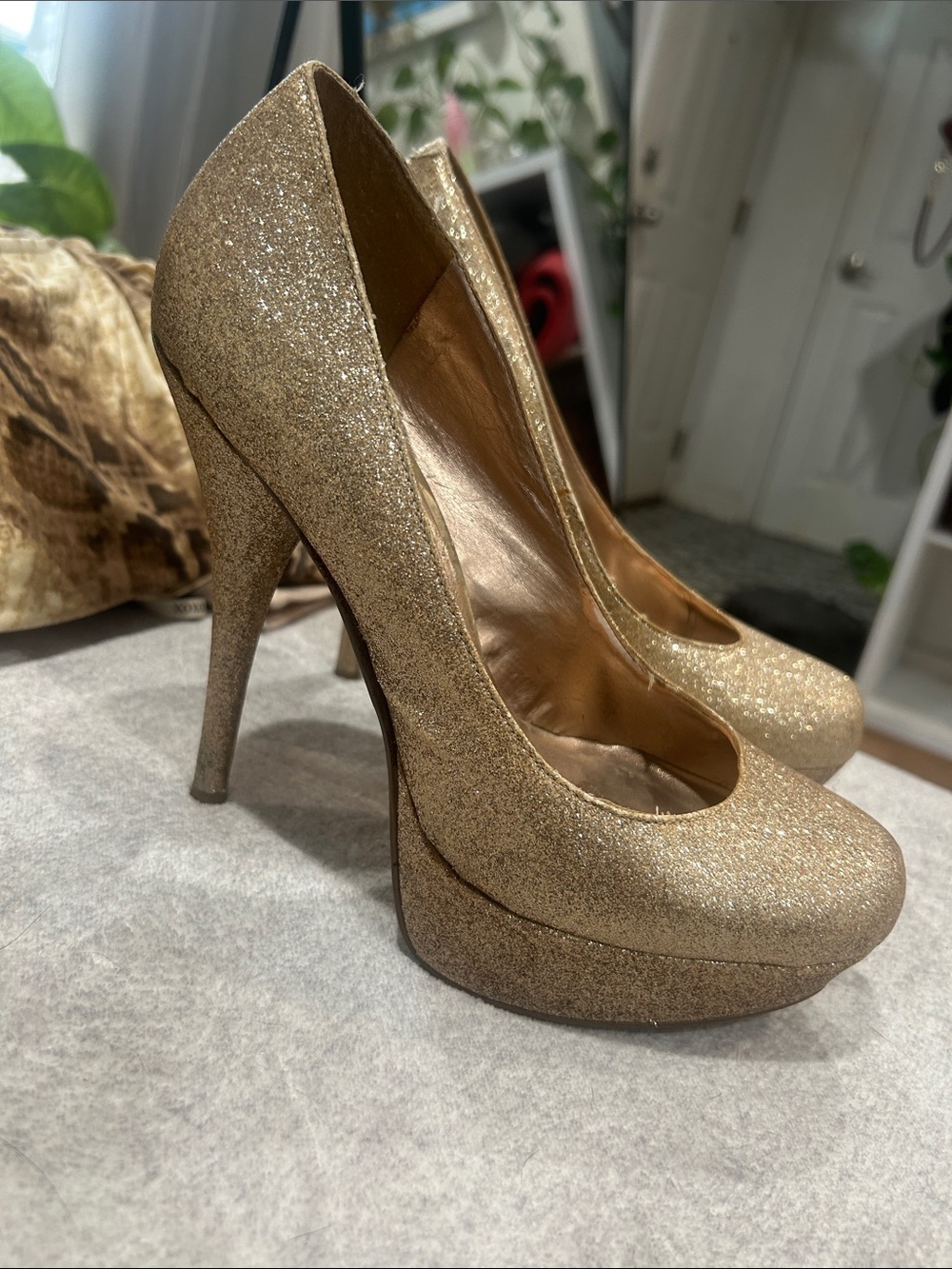 Bakers Gold Glitter Platform Stiletto Pumps
